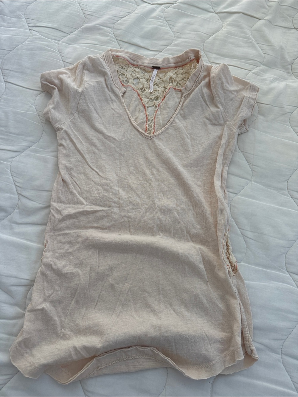 Free People Short Sleeve V-Neck Tee in cream with Lace Inset